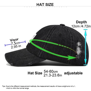 Distressed black denim baseball cap with patch embroidery and size measurements