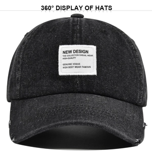 Vintage black washed denim baseball cap with embroidered letter patch and distressed brim detail