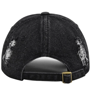 Vintage black washed denim baseball cap with distressed hole details and metal buckle