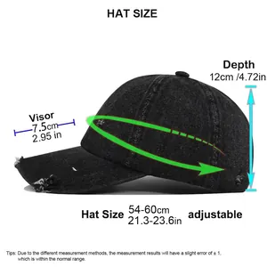 Distressed black denim baseball cap showing size chart with adjustable metal buckle strap