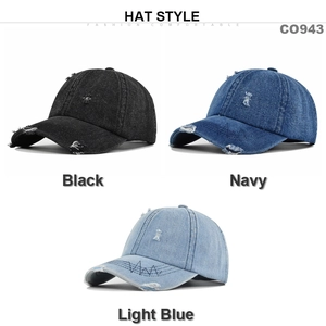 Detailed view of distressed denim baseball caps in black navy and light blue