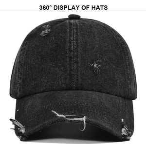 Vintage distressed black denim baseball cap with ripped details and adjustable strap