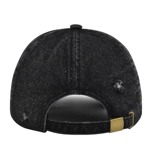 Distressed vintage washed denim baseball cap in dark grey with adjustable brass buckle