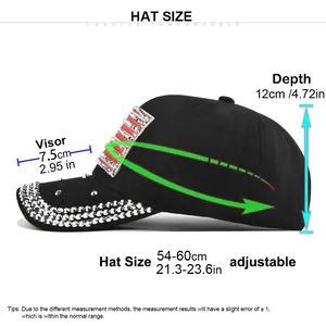 Detaillierte Größentabelle für schwarze US-Flaggen-Baseballkappe mit Strass-Verzierung