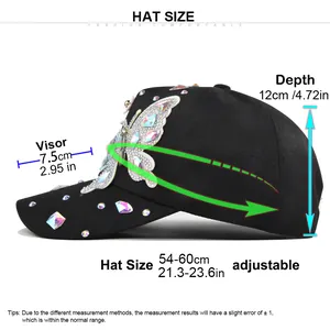 Size guide for butterfly rhinestone baseball cap showing adjustable strap and visor dimensions