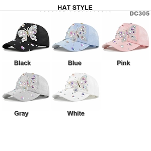 Sparkly butterfly rhinestone baseball cap set for women in black, blue, pink and gray