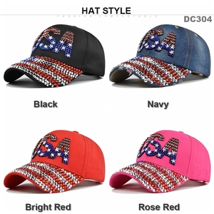 USA-honkbalpetten met strass-steentjes in vier kleuren en vlagpatroon op de klep van de pet