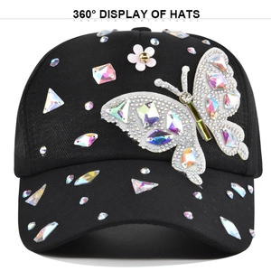 Black cotton baseball cap with rhinestone butterfly embroidery and 3D flower detail