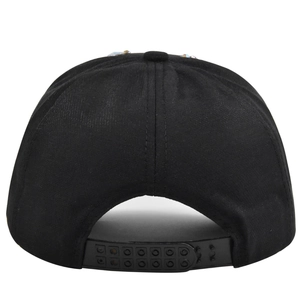Rear view of black canvas baseball cap showing adjustable snapback plastic strap closure