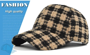 Macro detail of high quality textured plaid baseball cap fabric with woven patterns