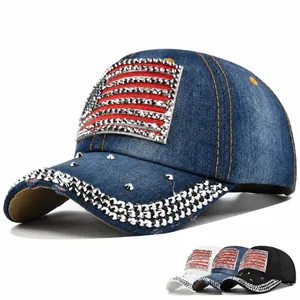 Gorra de Béisbol con Bandiera de Estados Unidos de Strass para Mujeres Hombres Algodón Brillante Bandera USA Sombrero de Sol Ajustable Casual Bling Trucker Hat