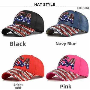 Detailweergave van USA strass honkbalpetten in zwart, marine, rood en roze