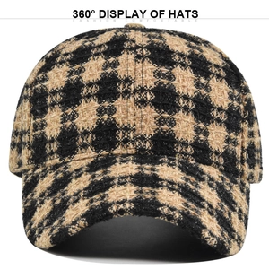 Classic checkered plaid baseball cap in black and yellow tweed for autumn and winter