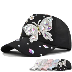 Women Butterfly Rhinestone Baseball Cap Cotton Adjustable Shiny Crystal Butterfly Sun Hat Fashion Casual Outdoor Cap