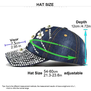 Size chart for rhinestone floral denim baseball cap with adjustable strap and dimensions