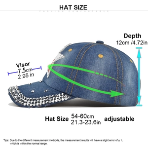 Detailed size chart showing depth and visor dimensions for the rhinestone star baseball cap