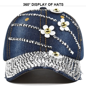 Navy denim baseball cap with 3d white flowers and silver rhinestones on brim