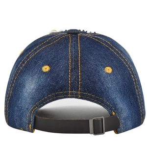 Dark blue denim baseball hat with yellow stitching and leather strap back view