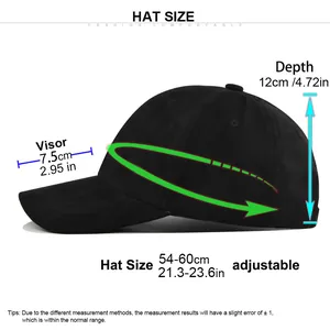 Größentabelle für Wildleder-Baseballkappe mit verstellbarem Kopfumfang 54-60cm und Maßen