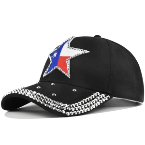 Black cotton baseball cap with rhinestone star and Texas flag patch on the brim