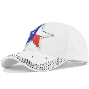Detailed view of Texas flag star emblem with shiny rhinestones on white baseball cap