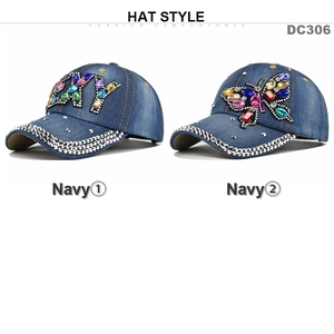 Navy denim baseball caps with butterfly and NY rhinestone motifs and gem embellishments