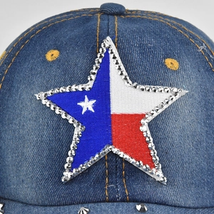 Blue denim baseball cap with Texas state flag star patch and silver rhinestone trim