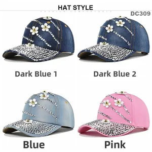 Detailed grid of denim baseball caps with floral 3D accents and sparkling rhinestone rows