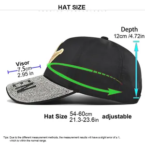 Size guide for rhinestone baseball cap showing crown height and adjustable strap dimensions