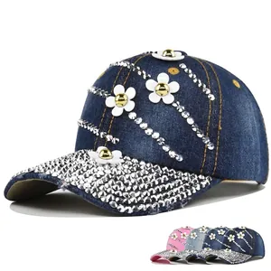 Women Fashion Denim Baseball Cap With Rhinestone And 3D Flower Decor Adjustable Cotton Jean Sun Hat For Casual Outdoor