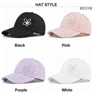 Lace flower baseball caps with rhinestone details shown in black, pink, purple and white