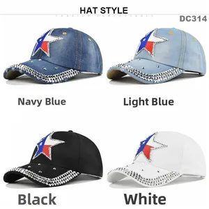 Detail view of sparkling rhinestone star baseball caps in four stylish colors