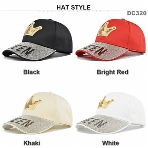 Sparkly baseball caps with QUEEN embroidery and rhinestone brims in four colors