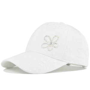 Elegant white lace baseball cap with sparkling rhinestone flower design on front