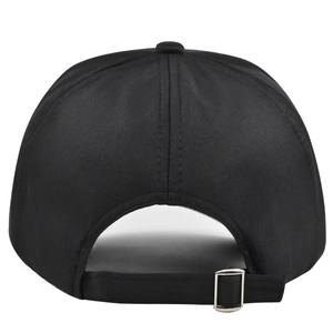 Rear view of black cotton baseball cap showing adjustable silver metal buckle strap