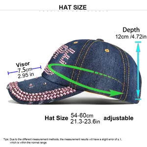 Tableau des tailles pour casquette denim avec tour de tête réglable 54-60 cm