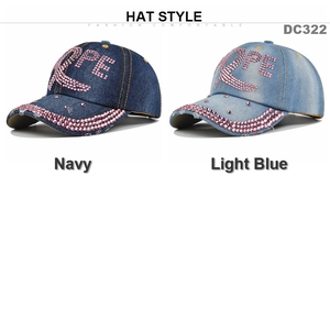 Casquettes de baseball en jean avec inscription HOPE en strass roses, bleu marine et clair