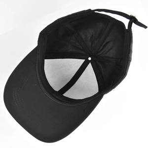 Internal structure of black baseball cap with durable stitching and adjustable metal strap