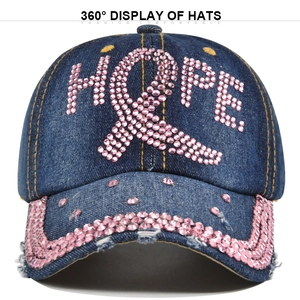 Casquette en denim bleu marine avec lettres HOPE en strass roses et bord usé