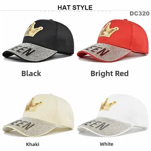 Detail view of four-color baseball caps with rhinestone brims and QUEEN crown patches