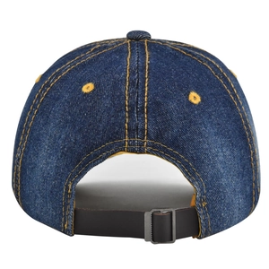 Detail of adjustable leather strap and metal buckle on dark blue denim baseball cap
