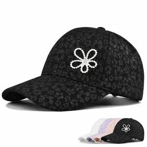 Women's Cotton Rhinestone Flower Baseball Cap Elegant Floral Lace Embroidery Adjustable Sun Hat For Summer Outdoor Fashion Ladies Cap