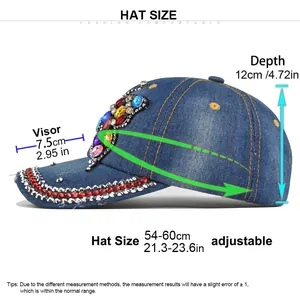 Guida alle taglie del berretto in denim con strass e circonferenza 54-60cm regolabile