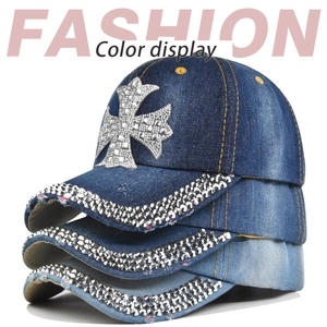Detailed comparison of three denim baseball hats featuring rhinestone cross patterns