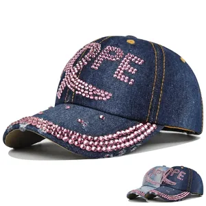 Casquette de Baseball en Denim Vintage Femme Strass Rose Lettre HOPE Ruban Pare-soleil Jeans Usé Chapeau Réglable Extérieur