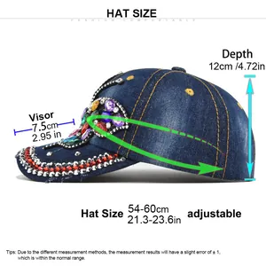 Size chart for adjustable denim baseball cap showing visor depth and head circumference
