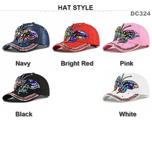 Denim baseball caps with rhinestone butterfly patterns in various colors for women