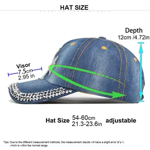 Detailed size chart for rhinestone baseball cap showing adjustable circumference and visor dimensions