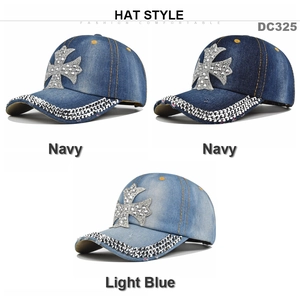 Three-piece denim baseball cap set with rhinestone cross patches and sparkling brim details