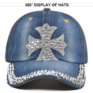 Denim baseball cap with sparkling rhinestone cross and studded brim in washed blue finish